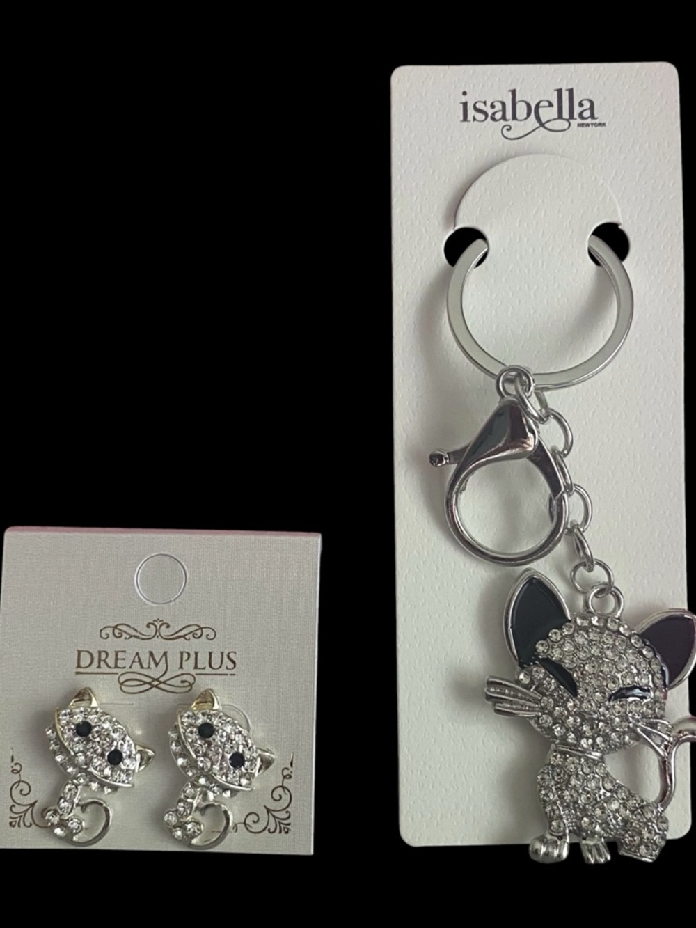 NWT-FOR THE CAT LOVERS-SILVER TONE AND RHINESTONE CAT EARRINGS AND BAG CHARM